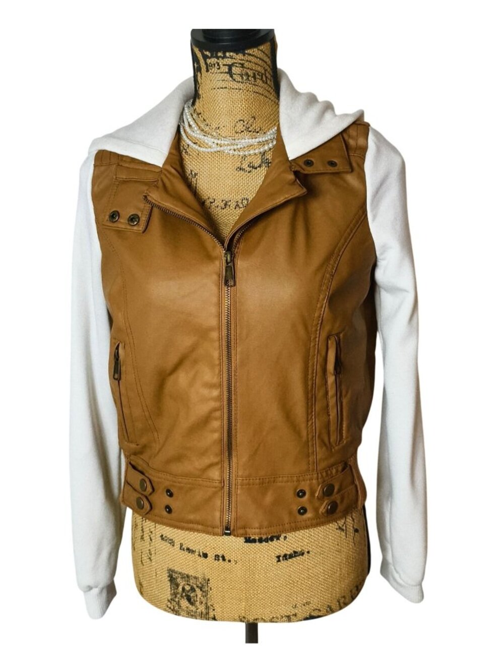 New Look Womens M Moto Jacket Brown Faux Leather White Hoodie Sleeves Biker Hip